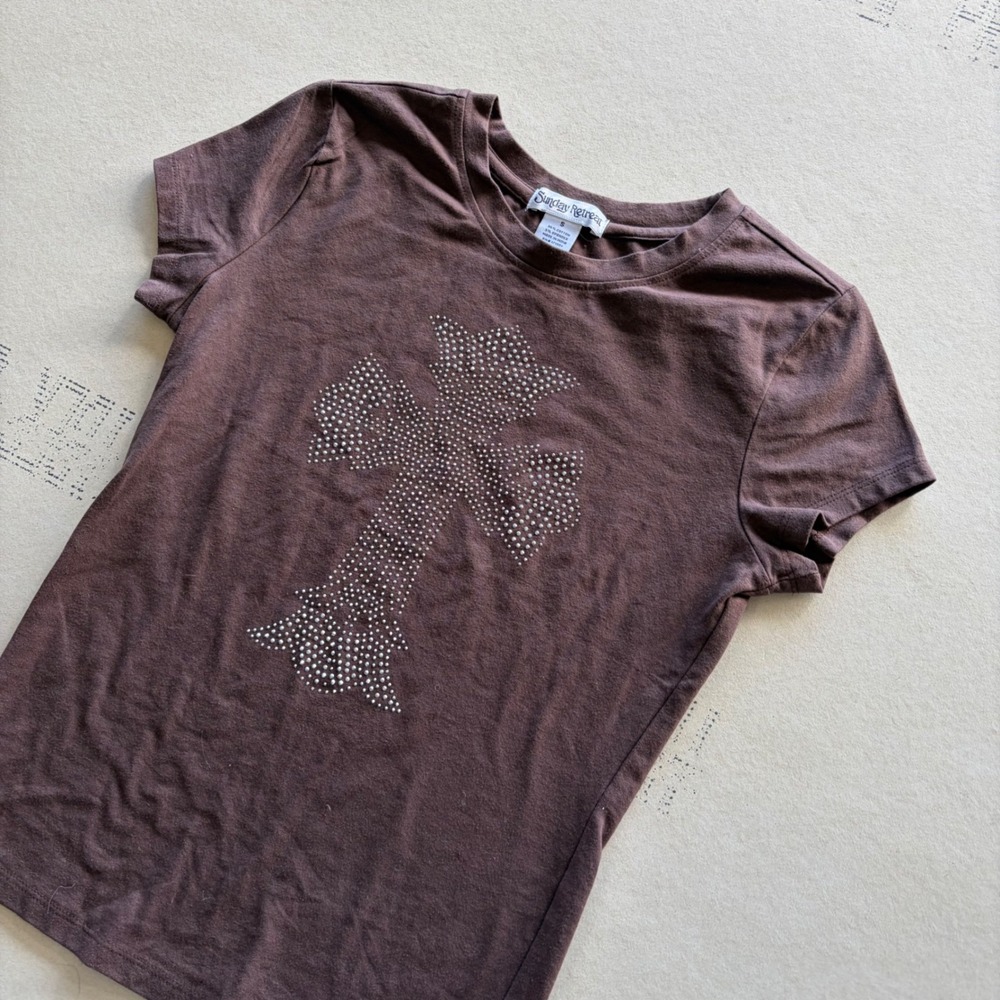 Y2K Grunge Chrome Hearts Brown Rhinestone Cross T-shirt Brown Gothic Grunge Tee